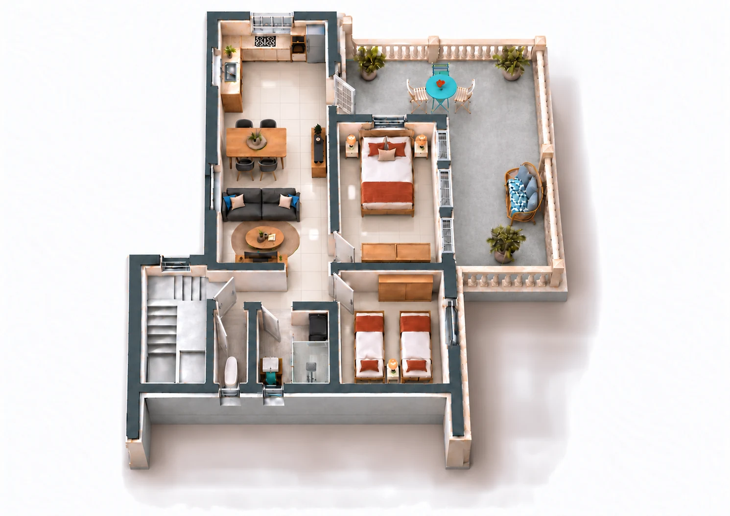 Plan 3D de Lakaz Koray montrant les pièces et la terrasse